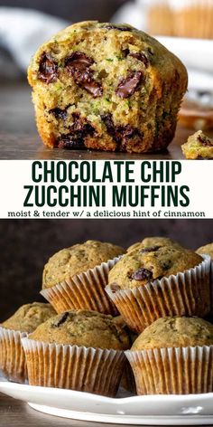 chocolate chip zucchini muffins on a plate with the title above it