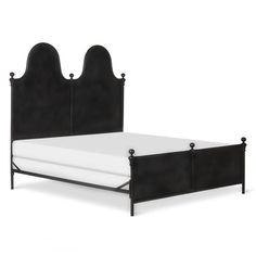 a bed with black headboard and foot board is shown in front of a white background