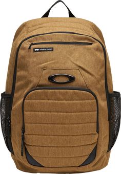 a brown backpack with black accents and zippers