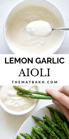 lemon garlic aioli with asparagus on a white plate and in a bowl