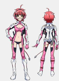 an anime character is standing next to another character in pink and white outfits with red hair