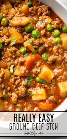 a white bowl filled with ground beef stew