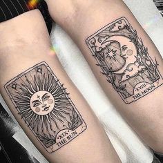 two sun and moon tattoos on both legs