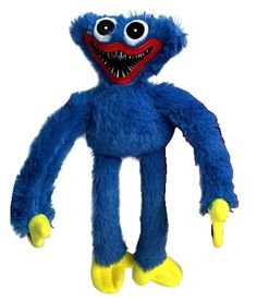 a blue stuffed animal with yellow feet and big eyes is shown in front of a white background