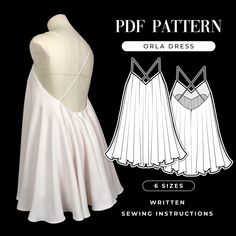 the front and back view of an orla dress with pleaed skirt, sewing instructions