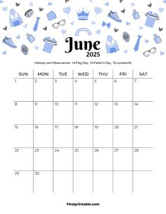 june 2020 calendar with blue and white items