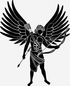 an angel with a bow and arrow in his hand, black and white silhouette on a white background