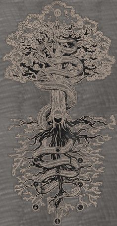 a drawing of a tree with its roots in the water