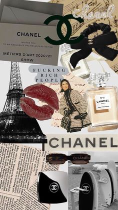 the collage has many different items in it, including lipstick and chanel perfumes