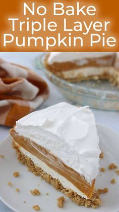 a slice of no bake triple layer pumpkin pie on a white plate with text overlay