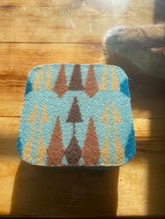 a cat laying on top of a wooden floor next to a blue and brown rug