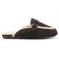 Open back slipper with soft faux fur lining has a decorative strap detail. The genuine suede upper has faux fur trim. The padded insole offers comfort and the indoor/outdoor outsole is durable enough for all day wear. Size: 12.  Color: Brown.  Gender: female.  Age Group: adult. Suede Slippers With Plush Lining And Round Toe, Cushioned Slip-on Faux Fur Slippers, Winter Suede Slippers With Cushioned Footbed, Winter Closed Toe Suede Mules, Winter Suede Mules With Closed Toe, Winter Suede Closed Toe Mules, Shearling Slippers With Suede Lining, Closed Toe Suede Slippers For Winter, Leather Slip-on Slippers With Faux Fur Lining