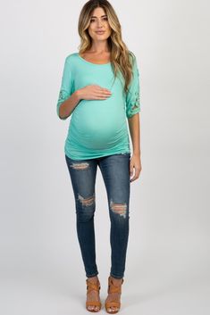 Mint Crochet Sleeve Maternity Top Maternity Top, Pink Blush Maternity, Rounded Neckline, Maternity Tops, Sleeve Detail, Maternity Fashion, Maternity Clothes, Workout Tops, Bump