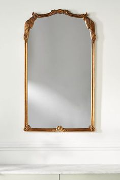 an ornate gold framed mirror hanging on the wall next to a white fireplace mantel