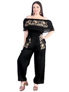 Palazzo Jumpsuit Artesanal Bordado de Flores para Mujer Jumpsuits Artesanales Mexico Artesanal Black Kids Blazers, Palazzo Jumpsuit, Rodeo Boots, Father Son Shirts, Embroidery Materials, Jumpsuit Fashion, Western Shirts, Boots Outfit, Embroidered Flowers