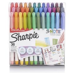 sharpie markers and pens in display box with note pad on the bottom, 24 assorted colors