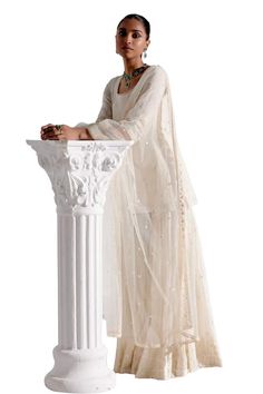 Off white straight kurta with tonal thread, mirror embroidery. Paired with coordinating sharara and dupatta. - Aza Fashions Kurta And Sharara, Kurta Sharara Set, Kurta Sharara, Mirror Embroidery, White Kurta, Straight Kurta, Sharara Set, Set For Women, Three Quarter Sleeves