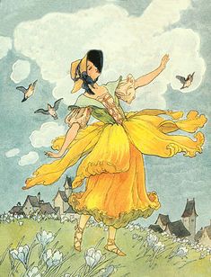 an illustration of a woman in a yellow dress flying through the air with birds around her