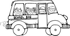 a school bus with three children in the front and one on the back coloring page