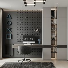 a room with a desk, chair and bookcase in the middle is lit by recessed lights