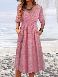 Women's Long Sleeve V-neck Cross Design Midi Dress Dress Tops, Trendy Tops For Women, Cross Design, Dresses By Length, Pink Midi Dress, Outfit Style, Cross Designs, Ootd Outfit, Printed Midi Dress