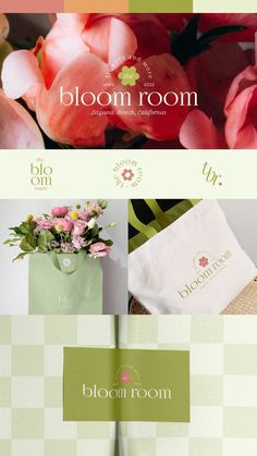 the logo for bloom room is shown in three different colors and font styles, including pink flowers