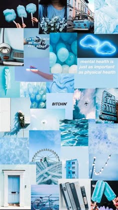 a collage of blue and white images