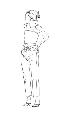 a line drawing of a woman standing with her hands on her hips, looking to the side