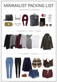 Minimalist Trip Packing, Minimalist Weekend Packing List, Fall Travel Packing List, Pnw Packing List Summer, 5 Day Trip Packing List Fall, 4 Day Packing List Fall, Packing Minimalist Travel, Minimalist Essentials List, 2 Week Capsule Wardrobe Travel Packing