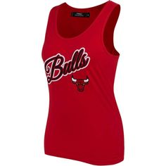 The Women's Pro Standard Red Chicago Bulls Script Tank Top is the perfect way to show your support for the Chicago Bulls. Made from a comfortable cotton and spandex blend, this tank top features a scoop-neck collar and heat-sealed chenille applique that proudly displays the iconic Chicago Bulls logo. Whether you're cheering from the stands or just hanging out at home, this tank top will let everyone know you're a true Bulls fan. Officially licensed Heat-sealed chenille applique Brand: Pro Standa Fitted Racerback Top For Sports Events, Stretch Cotton Tank Top For Sports Season, Summer Tank Top For Sports Events, Fitted Casual Tank Top For Sports Events, Casual Fitted Tank Top For Sports Events, Red Cotton Tops For The Gym, Fitted Tank Tops For Sports Season, Red Cotton Tops For Gym, Fitted University Red Tops For Sports