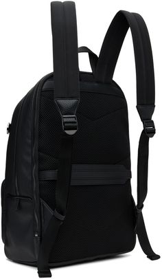 Grained faux-leather backpack in black. · Carry handle · Adjustable padded shoulder straps · Logo hardware and D-rings at face · Zip pocket · Luggage strap at padded back face · Zip compartment · Two-way zip closure · Two compartment interior · Laptop compartment at interior · Logo-woven satin lining · Logo-engraved gunmetal-tone hardware · H17 x W11 x D9 Supplier color: Black Leather Backpack With Detachable Strap For Business, Classic Black Backpack With Detachable Strap, On-the-go Backpack With Gunmetal Hardware, Black Backpack With Gunmetal Hardware For Travel, Modern Backpack With Gunmetal Hardware, Black Business Backpack With Zipper Closure, Black Travel Backpack With Gunmetal Hardware, Leather Business Backpack With Detachable Strap, Business Leather Backpack With Detachable Strap