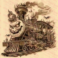 a drawing of an old fashioned steam train with pumpkins and bats on the side