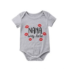 funny quote letter print onesie | nana was here lipstick stained | short sleeve bodysuit | envelope shoulders | snaps along diaper line | soft cotton fabric | machine wash safe Baby Onesie Ideas, Onesie Ideas, Cricut Baby, Funny Baby Onesies, Casual Rompers, Short Sleeve Romper, Romper Outfit