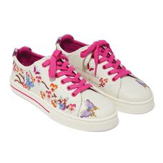 Our best-loved shoe silhouette - a soft leather lace-up sneaker - takes a new direction with inspiration from our designer's journey to Kyoto, Japan, famous for its spectacular displays of cherry blossoms in the spring. Optic white printable tumbled leather is the perfect backdrop to bold embroidery with a colorful cherry blossom scene accented with butterflies. A definite conversation-starter! Flower Painter Tennis Shoes, Pink Custom Sneakers With Vulcanized Sole For Spring, Custom Pink Sneakers With Vulcanized Sole For Spring, Spring Pink Custom Sneakers With Vulcanized Sole, Custom Sneakers With Contrast Sole For Spring, Spring Pink Lace-up Custom Sneakers, Spring Sneakers With Embroidered Round Toe, Spring Lace-up Sneakers With Embroidered Logo, Spring Low-top Custom Sneakers With Laces