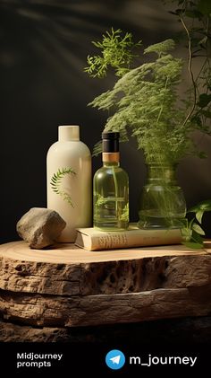 three bottles with plants in them sitting on a wooden table next to rocks and stones