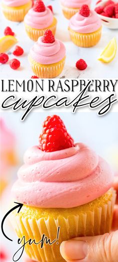 lemon raspberry cupcakes with pink frosting and fresh raspberries on top