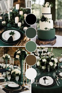 the table is set with green and white flowers, greenery, candles, and plates