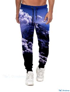 OrcaJump - Mens Blue Cloud Graphic Sweatpants Joggers with Side Pockets and Elastic Waist for Sports, Casual and Streetwear Blue Joggers For Leisure In Sportswear Style, Blue Athleisure Joggers For Leisure, Blue Leisure Joggers With Elastic Waistband, Blue Jogging Pants With Elastic Waistband, Blue Sportswear Bottoms For Leisure, Blue Joggers With Pockets For Leisure, Cloud Graphic, Graphic Sweatpants, Blue Clouds