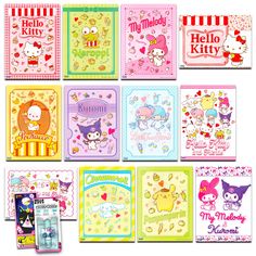 hello kitty greeting cards are shown in different colors