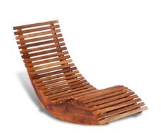 a wooden slatted chair sitting on top of a white floor