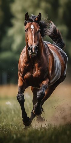 a brown horse is running through the grass