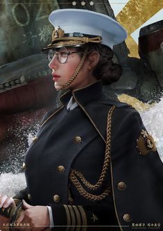 a woman in uniform standing next to a boat with water splashing around her face