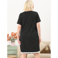 Indulge in sweet dreams with Women's Plus Size Knit Lace Trim Polka Dot Short Sleeve Nightgowns, a perfect blend of comfort and style. The playful polka dot pattern brings a sense of joy and nostalgia, adding a pa of fun to your bedtime routine.The addition of delicate lace trims adds a touch of romance and elegance, elevating this nightgown from a simple sleepwear piece to a loungewear staple. Short sleeves ensure that you stay cool during warmer nights or in well-heated bedrooms, making it a v Black Short Sleeve Nightgown For Sleep, Black Crew Neck Sleepwear For Pajama Party, Black Short Sleeve Nightgown For Loungewear, Black Cotton Nightgown For Loungewear, Black Short Sleeve Sleepwear For Loungewear, Black Short Sleeve Cotton Sleepwear, Black Short Sleeve Sleepwear For Sleepover, Black Cotton Short Sleeve Sleepwear, Casual Black Nightgown For Sleepover