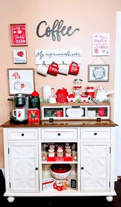 a coffee bar with red and white decor