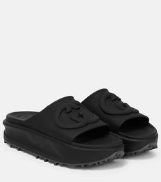 GG rubber slides in black - Gucci | Mytheresa Black Gucci Slides, Shoes Png, Cute Slides, Gucci Slides, Designer Slides, Poster Background, Platform Slides, Slides Shoes, Gucci Shoes