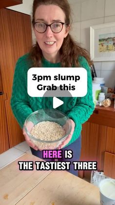 a woman holding a bowl of oatmeal in her hands with the caption'here is the taste test three '