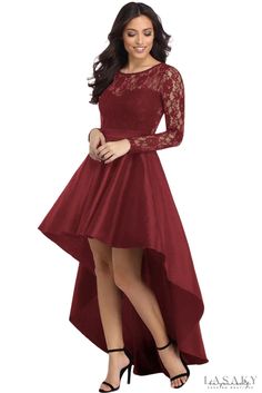 Lasaky - Burgundy Satin Ball Gown Long Sleeve Lace High Low Satin Ball Gown, Taffeta Skirt, Anna Campbell, Half Sleeve Dresses, Satin Prom Dress, Lace Bodice, Lace Fashion, Top Design, Party Gowns