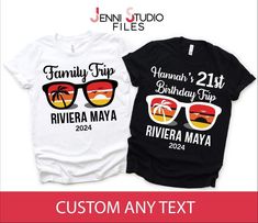 two t - shirts with the words family trip and sunglasses on them, both printed in white