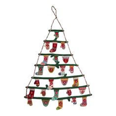 a christmas tree with stockings hanging from it's sides and socks on the bottom