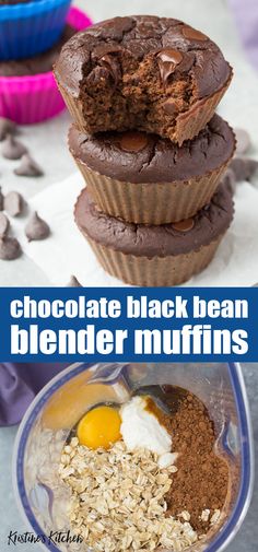 chocolate black bean blender muffins are stacked on top of each other